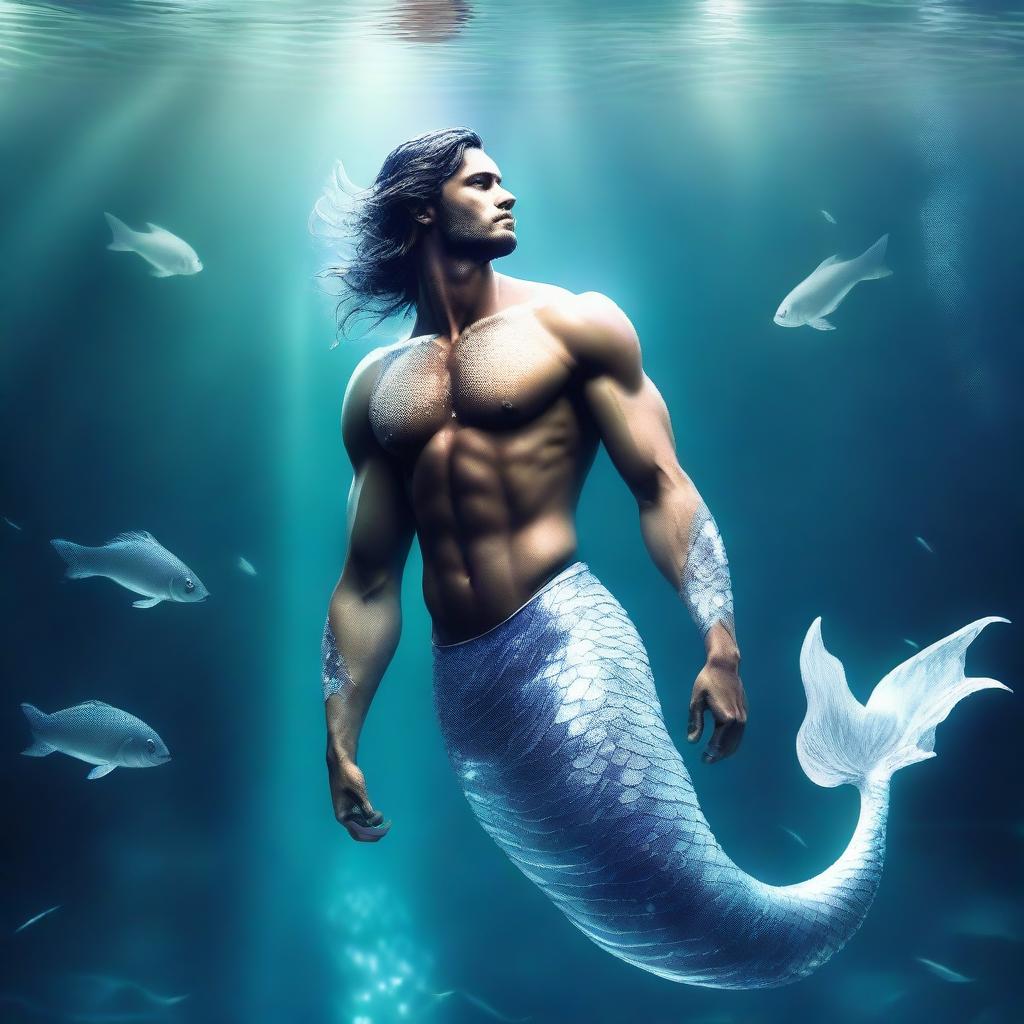 A high-quality digital art image of a merman with shimmering white scales