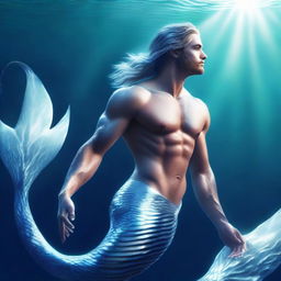 A high-quality digital art image of a merman with shimmering white scales