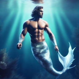 A high-quality digital art image of a merman with shimmering white scales