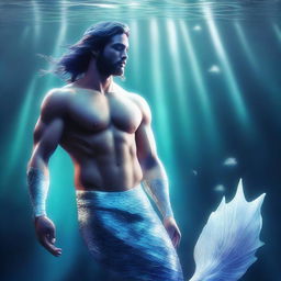 A high-quality digital art image of a merman with shimmering white scales