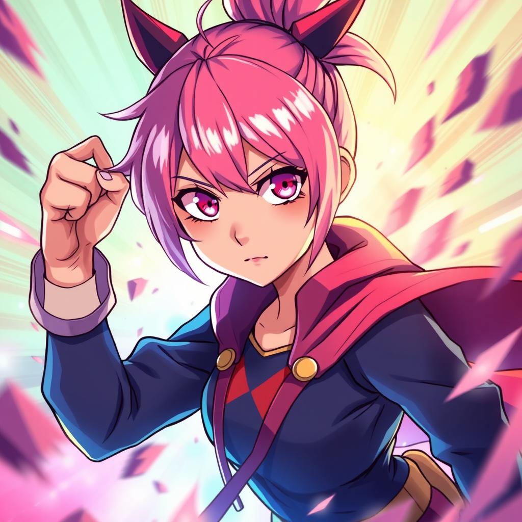 A vibrant and dynamic Wattpad cover design inspired by anime, featuring a girl with striking pink hair and captivating pink eyes, set against a backdrop reminiscent of the Boku no Hero Academia aesthetic