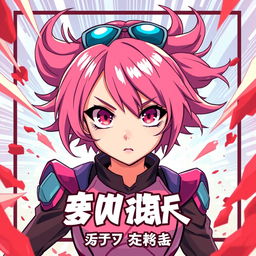 A vibrant and dynamic Wattpad cover design inspired by anime, featuring a girl with striking pink hair and captivating pink eyes, set against a backdrop reminiscent of the Boku no Hero Academia aesthetic