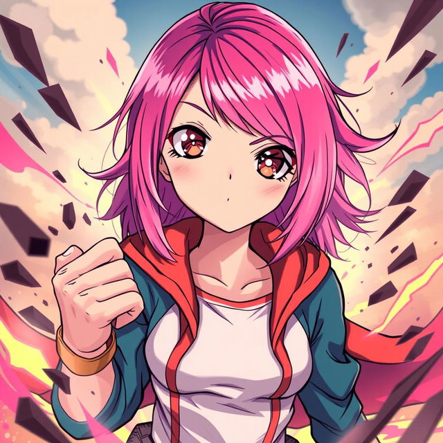 A vibrant and dynamic Wattpad cover design inspired by anime, featuring a girl with striking pink hair and captivating pink eyes, set against a backdrop reminiscent of the Boku no Hero Academia aesthetic