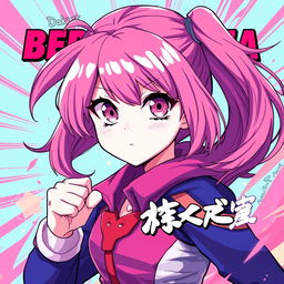 A vibrant and dynamic Wattpad cover design inspired by anime, featuring a girl with striking pink hair and captivating pink eyes, set against a backdrop reminiscent of the Boku no Hero Academia aesthetic