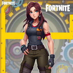 A digital illustration of the Fortnite character Jules, showcasing her unique design