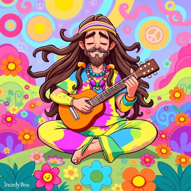 A colorful character design of a hippie sitting in a lotus position, playing a guitar, inspired by the art style of the game IncredyBox