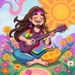 A colorful character design of a hippie sitting in a lotus position, playing a guitar, inspired by the art style of the game IncredyBox