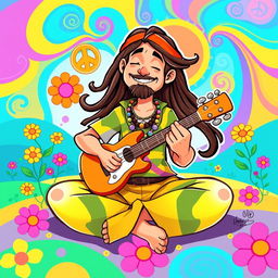 A colorful character design of a hippie sitting in a lotus position, playing a guitar, inspired by the art style of the game IncredyBox