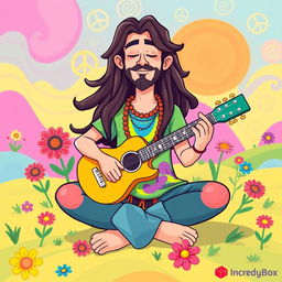 A colorful character design of a hippie sitting in a lotus position, playing a guitar, inspired by the art style of the game IncredyBox