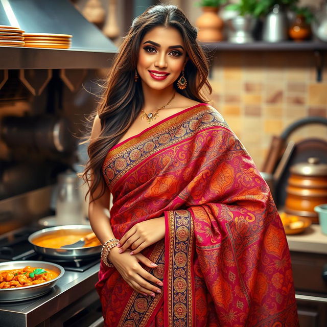 A gorgeous woman wearing a vibrant, beautifully patterned saree, showcasing her elegant figure