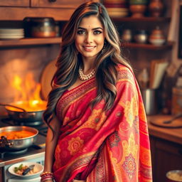A gorgeous woman wearing a vibrant, beautifully patterned saree, showcasing her elegant figure