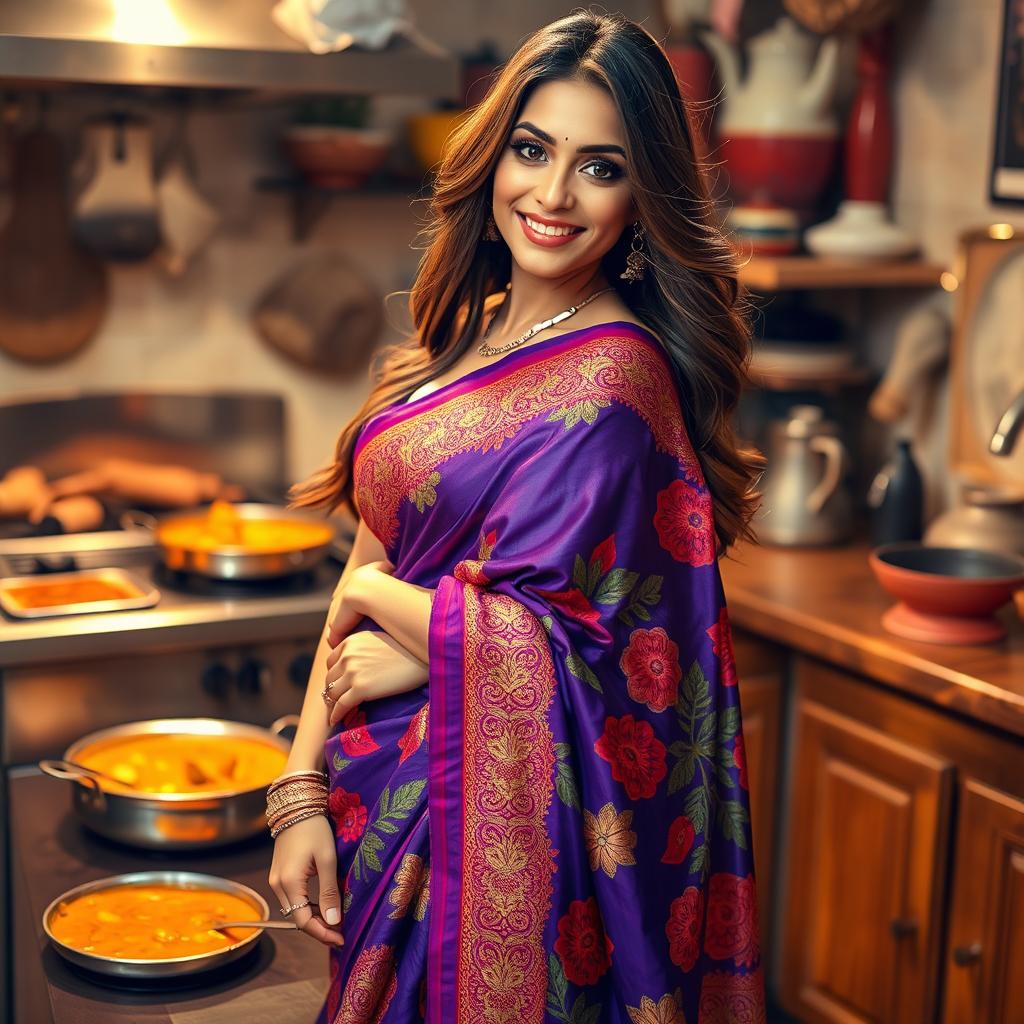 A gorgeous woman wearing a vibrant, beautifully patterned saree, showcasing her elegant figure