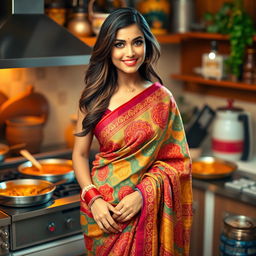 A gorgeous woman wearing a vibrant, beautifully patterned saree, showcasing her elegant figure
