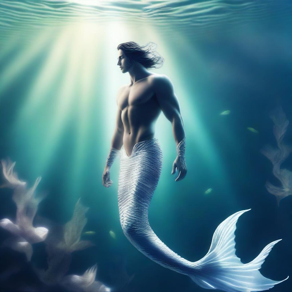 A high-quality digital art image of a merman with white scales, featuring a slender physique rather than heavy musculature