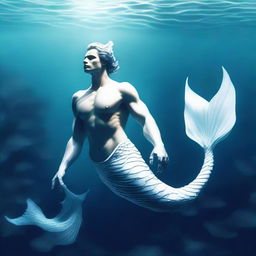 A high-quality digital art image of a merman with white scales, featuring a slender physique rather than heavy musculature