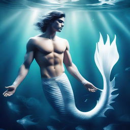 A high-quality digital art image of a merman with white scales, featuring a slender physique rather than heavy musculature