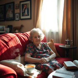 An old woman comfortably sitting on a plush red sofa in a cozy living room