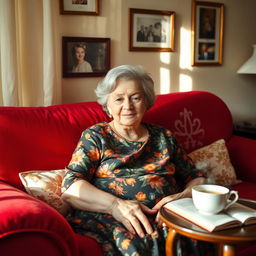 An old woman comfortably sitting on a plush red sofa in a cozy living room