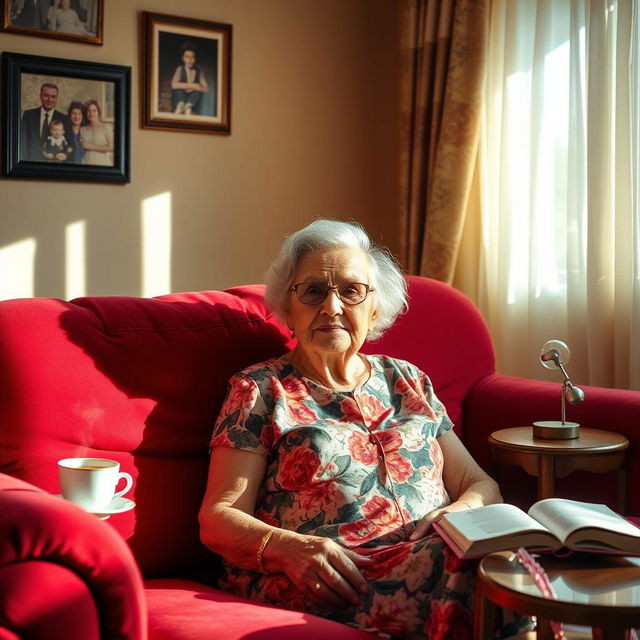 An old woman comfortably sitting on a plush red sofa in a cozy living room