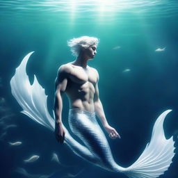 A high-quality digital art image of a merman with white scales, featuring a slender physique rather than heavy musculature