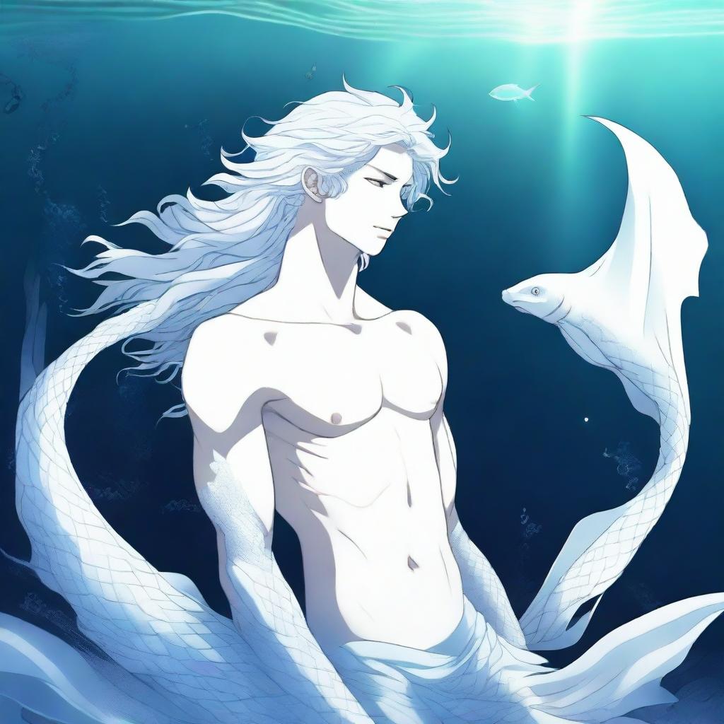 A high-quality anime-style digital art image of a merman with white scales and white hair