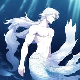 A high-quality anime-style digital art image of a merman with white scales and white hair