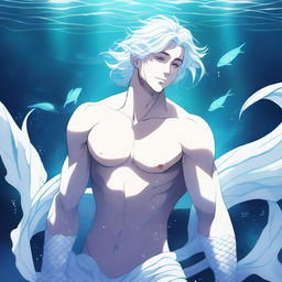 A high-quality anime-style digital art image of a merman with white scales and white hair