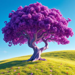 A vibrant and surreal purple tree with detailed textures and a magical ambiance, set against a bright blue sky