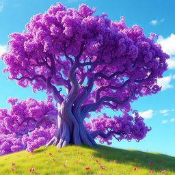 A vibrant and surreal purple tree with detailed textures and a magical ambiance, set against a bright blue sky
