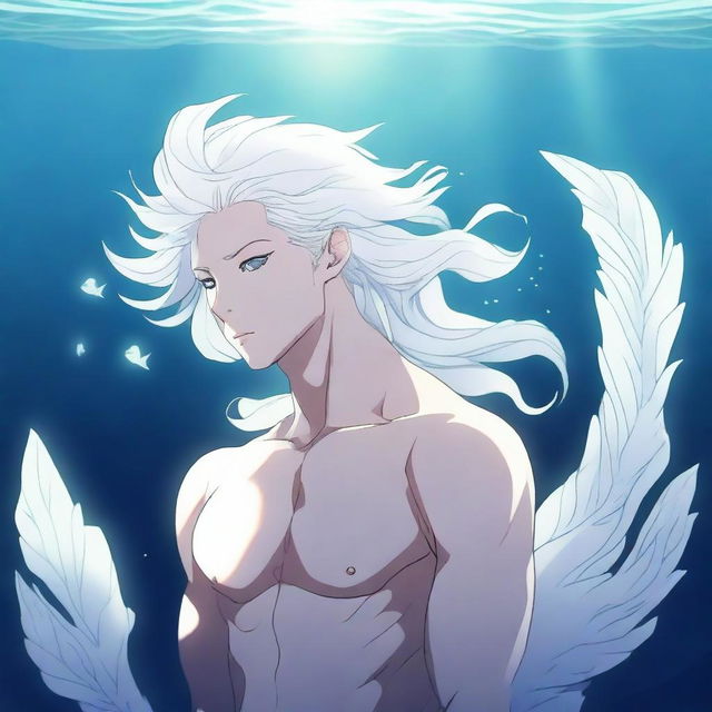 A high-quality anime-style digital art image of a merman with white scales and white hair