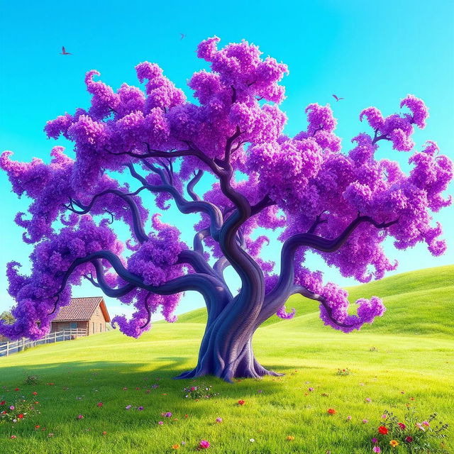 A vibrant and surreal purple tree with detailed textures and a magical ambiance, set against a bright blue sky