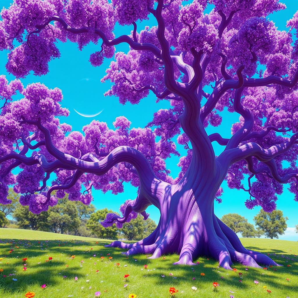 A vibrant and surreal purple tree with detailed textures and a magical ambiance, set against a bright blue sky