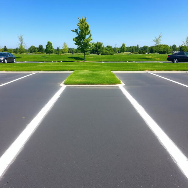 A scene depicting a parking lot with clearly defined parking spots separated by grassy areas