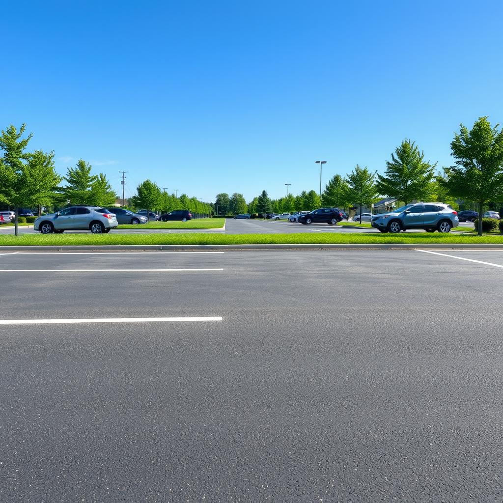 A scene depicting a parking lot with clearly defined parking spots separated by grassy areas