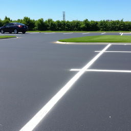 A scene depicting a parking lot with clearly defined parking spots separated by grassy areas