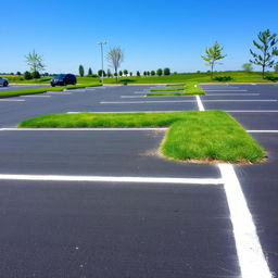 A scene depicting a parking lot with clearly defined parking spots separated by grassy areas