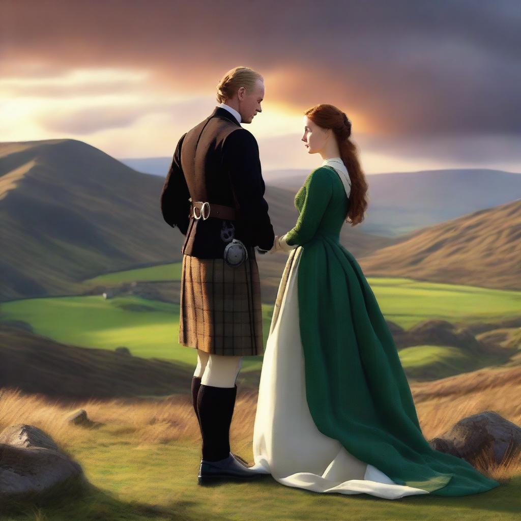 Generate a high-quality digital art image capturing a romantic scene between a Scottish Duke and an Earl's daughter