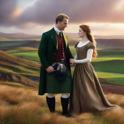 Generate a high-quality digital art image capturing a romantic scene between a Scottish Duke and an Earl's daughter