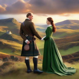 Generate a high-quality digital art image capturing a romantic scene between a Scottish Duke and an Earl's daughter