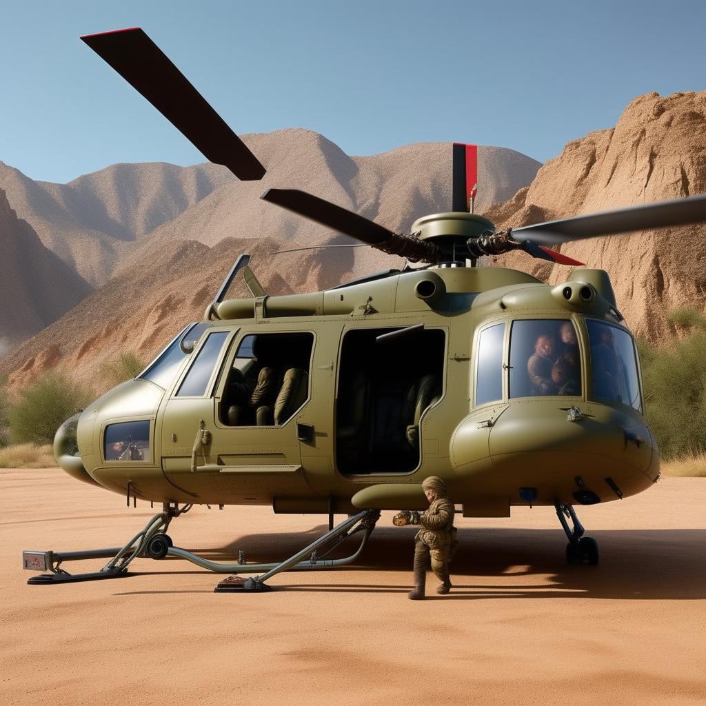 full length Rambo-style helicopter with gunner door open