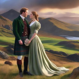 Generate a high-quality digital art image capturing a romantic scene between a Scottish Duke and an Earl's daughter