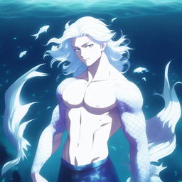 A high-quality anime-style digital art image of a merman with white scales and white hair