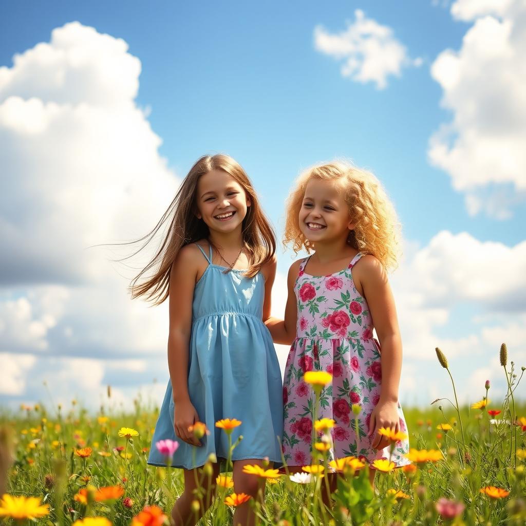 Two sisters standing in a sunlit meadow, laughing and enjoying each other's company