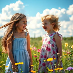 Two sisters standing in a sunlit meadow, laughing and enjoying each other's company