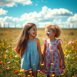 Two sisters standing in a sunlit meadow, laughing and enjoying each other's company