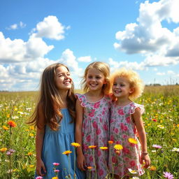 Two sisters standing in a sunlit meadow, laughing and enjoying each other's company
