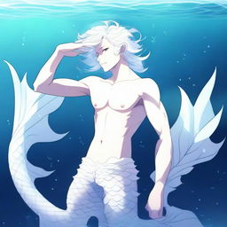 A high-quality anime-style digital art image of a merman with white scales and white hair