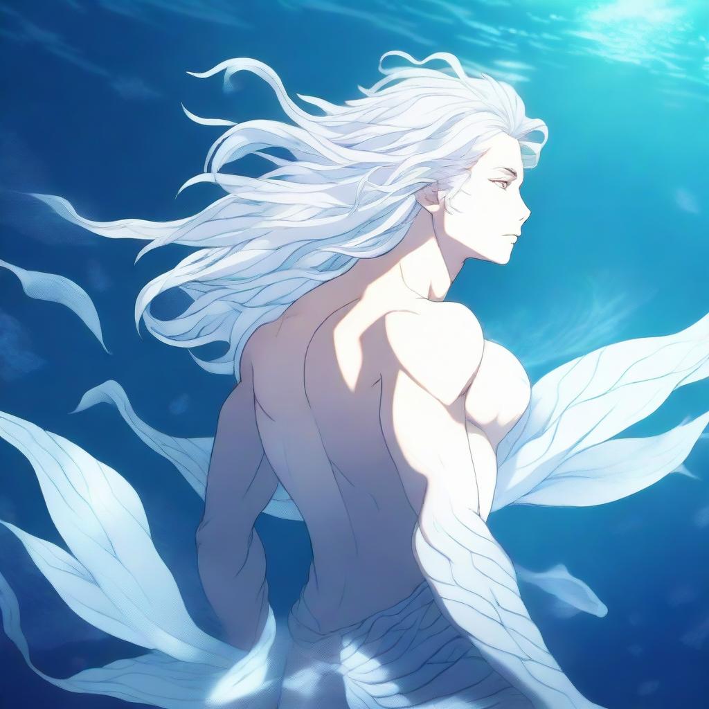 A high-quality anime-style digital art image of a merman with white scales and white hair