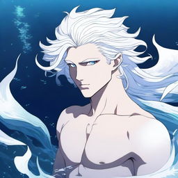 A high-quality anime-style digital art image of a merman with white scales and white hair