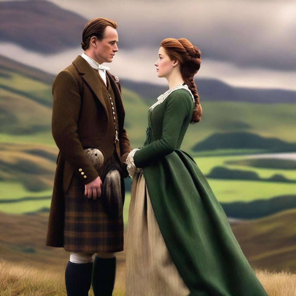 Craft a high-quality digital art image that encapsulates a romantic moment between a Scottish Duke and an Earl's heiress